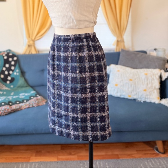 Women’s Navy Blue & Purple Plaid Tweed Pencil Skirt - Picture 1 of 5